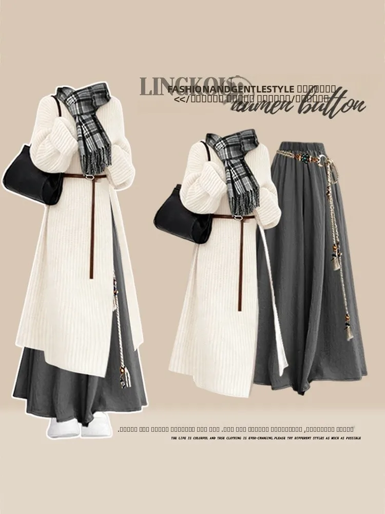 

Fall Winter Women's Knitted Sweater And Loose Casual Skirt Two-Piece Set Slimming Sle Comfortable Warmth round Ne Long Sl...