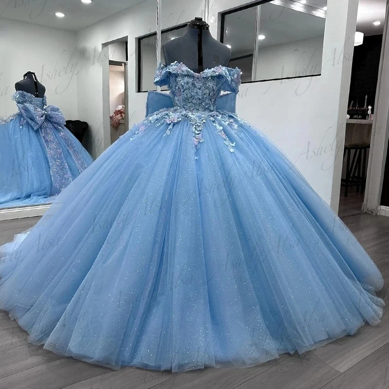 AA196 Customized Sky Blue Sweet 15 Girl Birthday Party Dresses Cap Sleeve 3D Flower Butterfly Women Prom Dance Dress Quinceanera