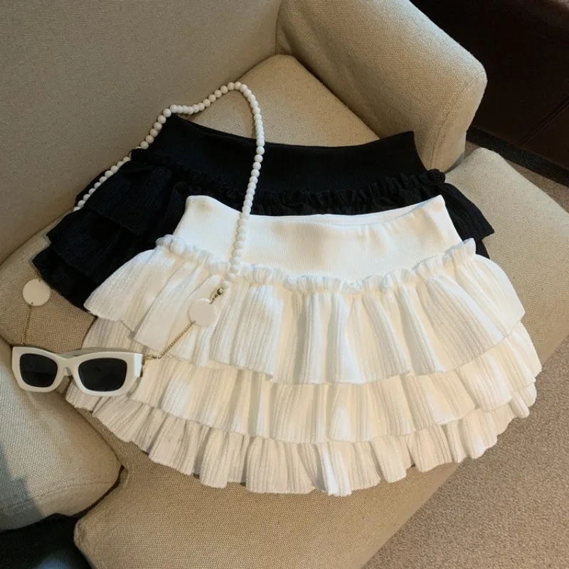2026Sweet Puffy White Mini Skirt for Women Harajuku Style Ruched Ruffle Skirts Woman Casual Campus Elastic Waist A-line Skirt