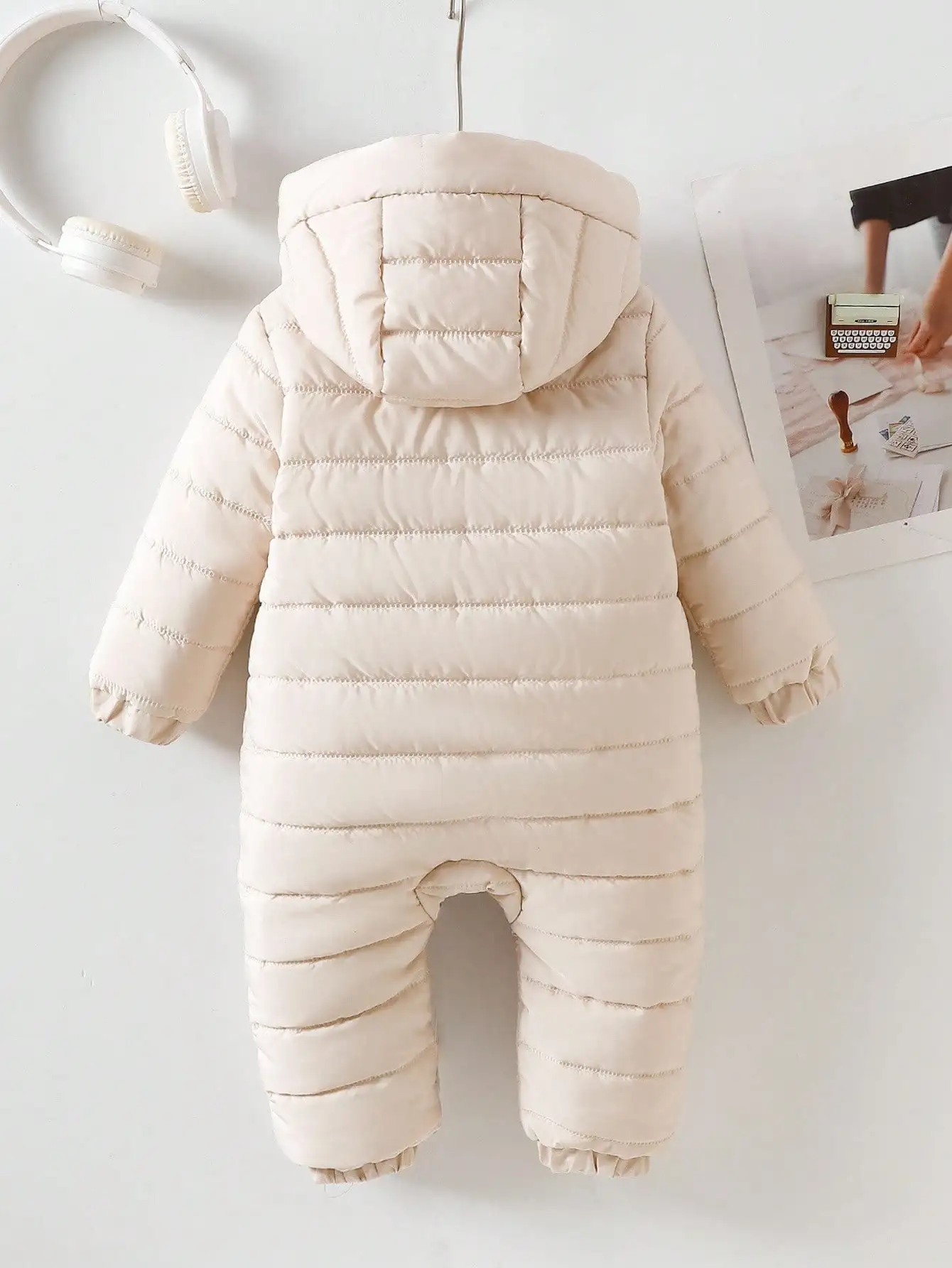 Baby Warm Hooded Snowsuit Solid Color Padded Winter Jumpsuit