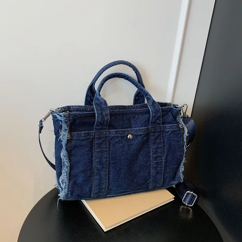

Denim Shoulder Bag Zipper Opening Design Large Capacity Simple Messenger Casual Commuter Portable Tote Bag