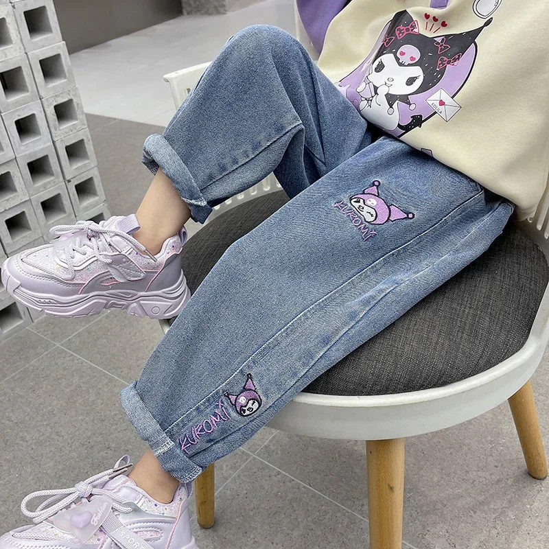 New Sanrio Jeans Korean Cartoon Kawaii Kuromi Children\'s Embroidered Versatile Pants Cute Girls Spring and Autumn Pants