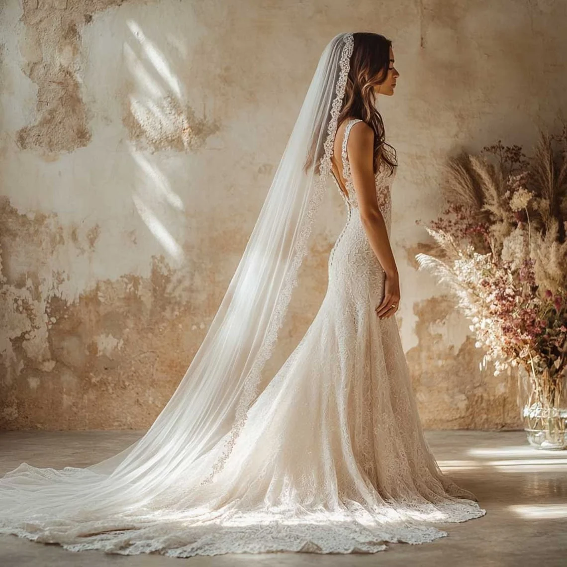 

Long bridal veil White Ivory cathedral lace veils with eyelash lace Edge Women Wedding Accessories With Comb