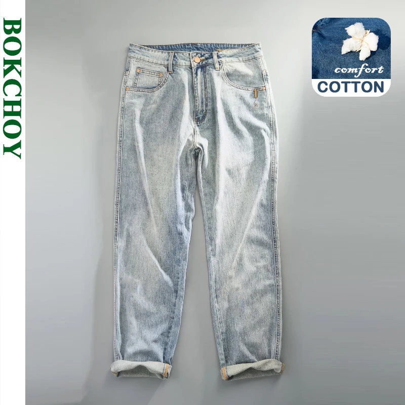 

2024 Summer Spring New Casual Vintage Jeans for Men Clothing Washed Soft Cotton Loose Straight Man Pants Baggy Jeans KK1012-1