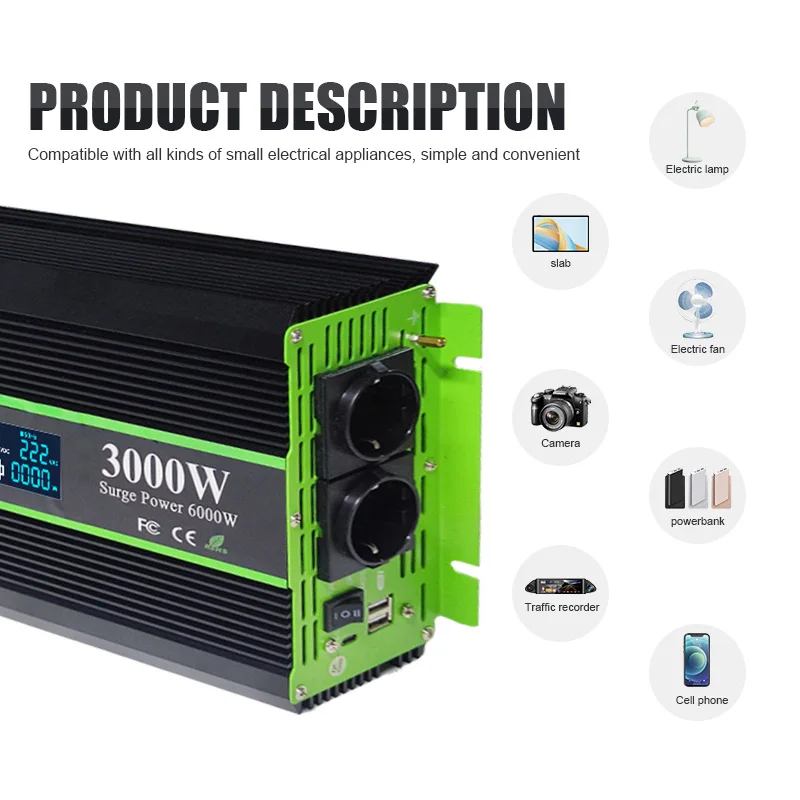 Dc 24v To Ac 220V Pure Sine Wave Inverter 3000w EU Socket LCD Display Car Power Inverter Converter With Remote Control