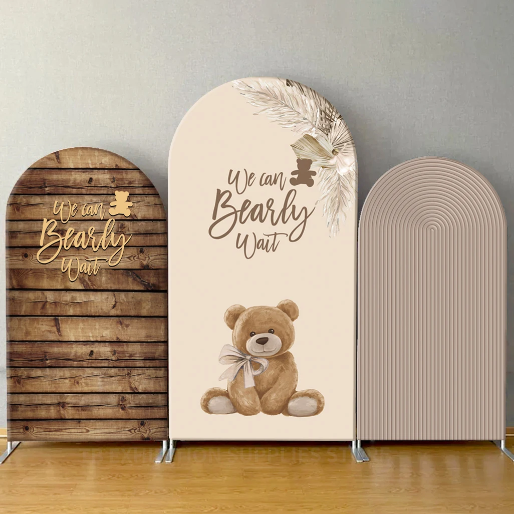 Bear Baby Shower Arch Backdrop We Can Bearly Wait Brown Stripes Photography Arched Background Elastic Custom Party Decorations