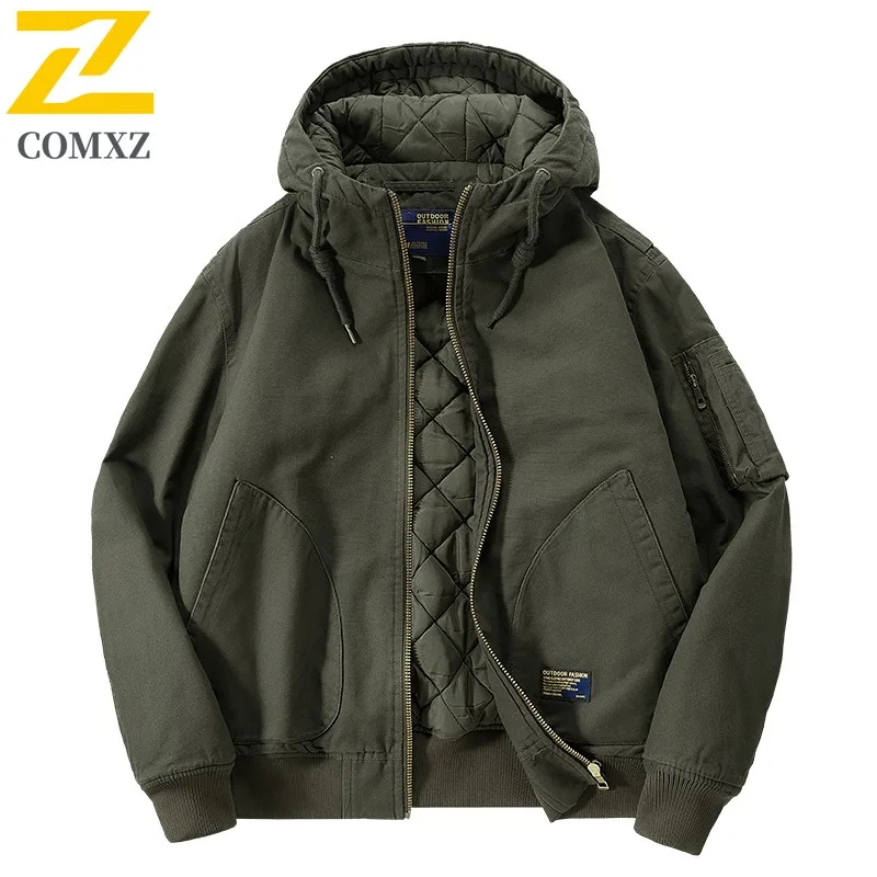 

COMXZ Men Hooded Winter Jacket Coldproof Windproof Outdoor Hiking Travel Camping Padded Jacket Gorpcore Cotton Padded Jacket