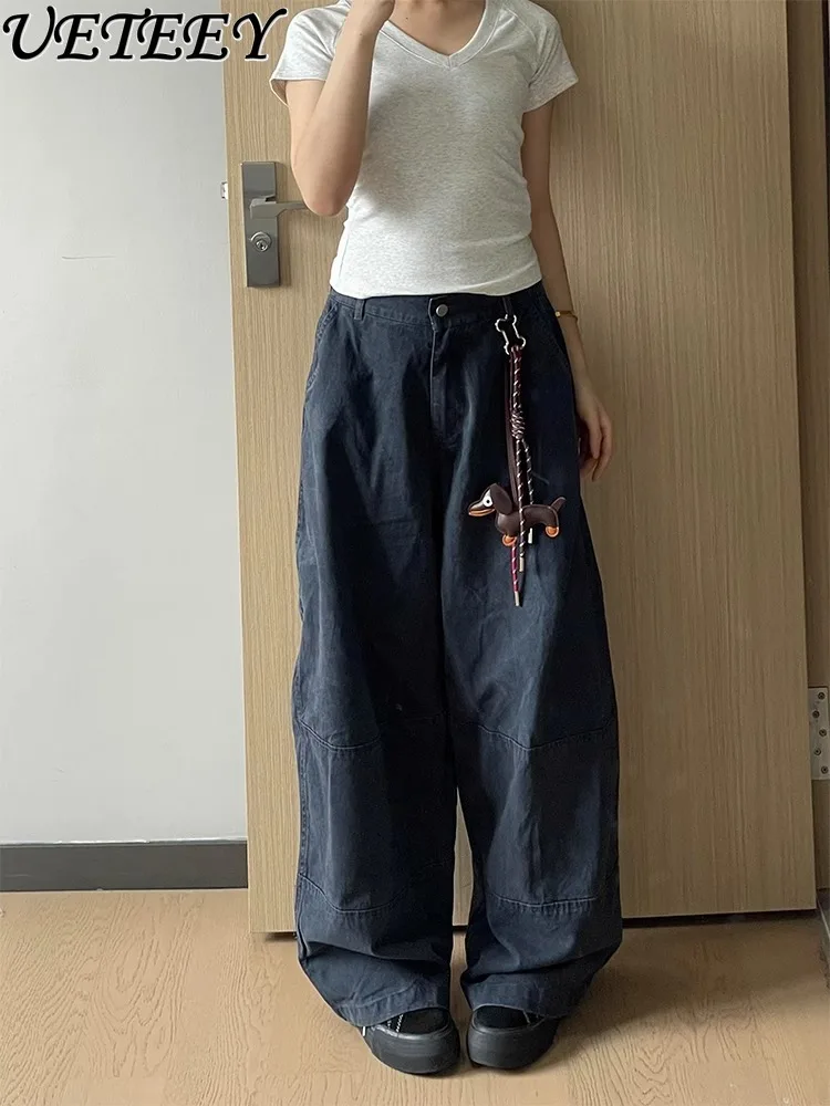 

American Retro Dark Blue Overalls Women's New Versatile Loose Trousers Spring and Summer High-waisted Casual Wide-leg Pants