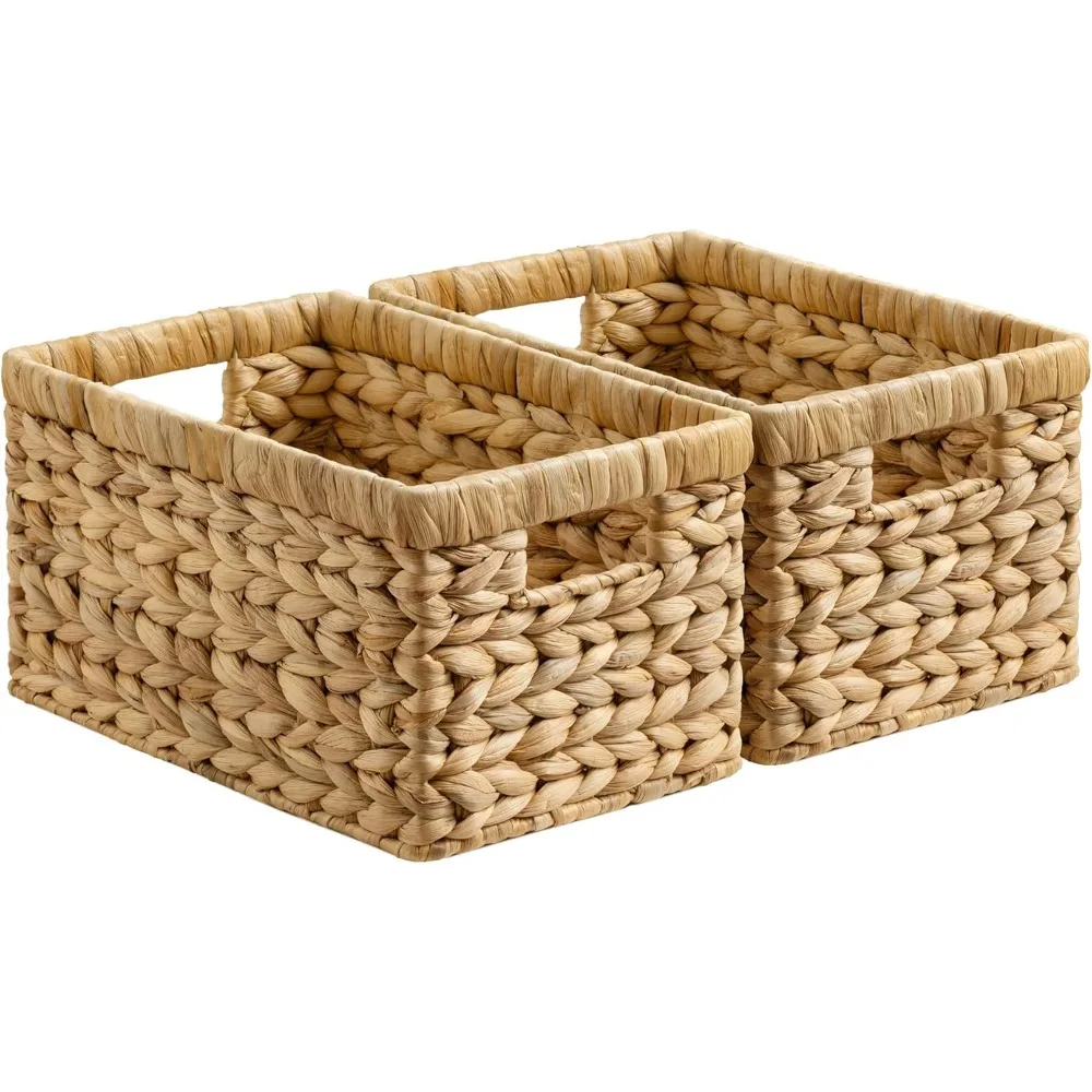 

Handwoven Water Hyacinth Storage Basket Set of Two Medium Natural with Built-in Handles