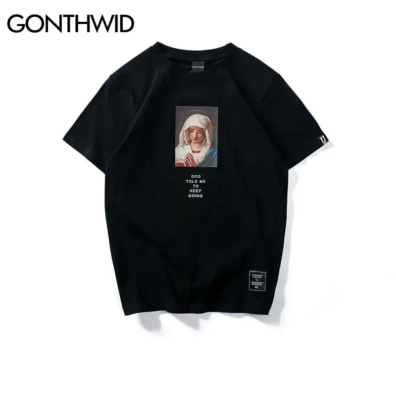 GONTHWID 2024 Men\'s Virgin Mary Printed Short Sleeve T Shirts Summer Casual Cotton Hip Hopo Tops Tees Fashion Streetwear Tshirts