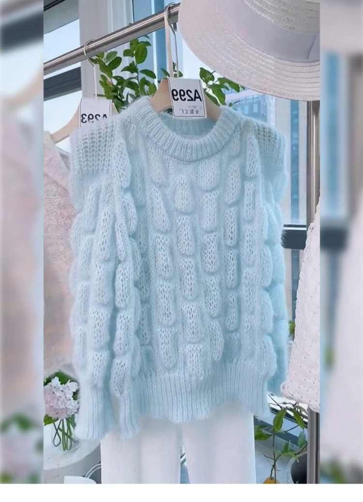 Blue Mohair Knitted Sweater Pullover Women 2022 Winter Casual Loose Fashion Soft Ladies Jumper Knitwear Long Sleeve O-neck Tops