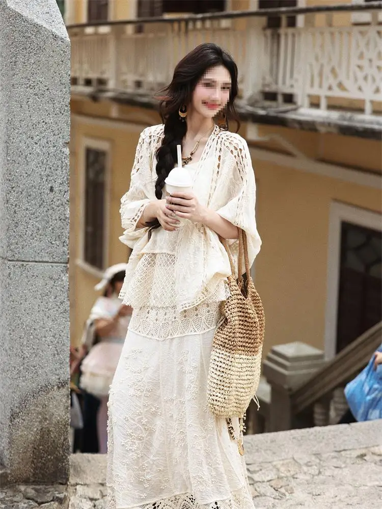 Lace Hollow out Sun Protection Air Conditioner Cover up Women's Summer Thin Cardigan Korean Style Straight Cut Long Sleeve