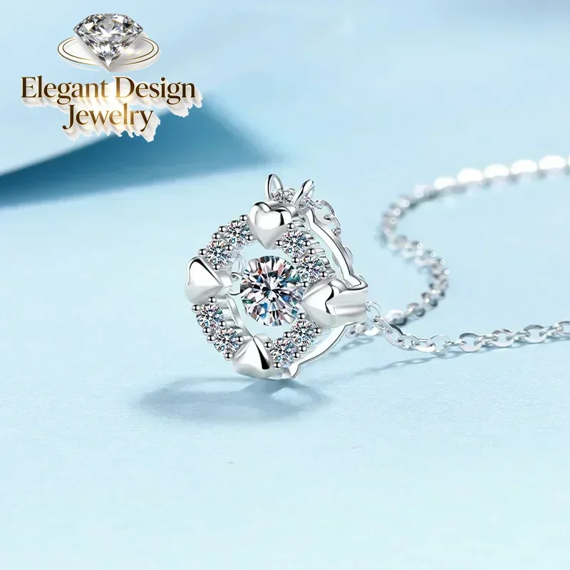 Shiny 0.5 Carat Moissanite Love Wrapped Edge Cute Necklaces for Women, Platinum PT950 Female Wedding Jewelry Sparkling Pendants
