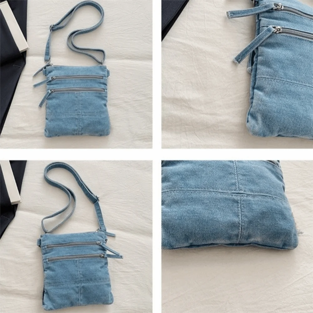 Multi-Pocket Denim Shoulder Bag 3 Layers Large Capacity Canvas Crossbody Bag Adjustable Strap Zipper Closure Messenger Bag