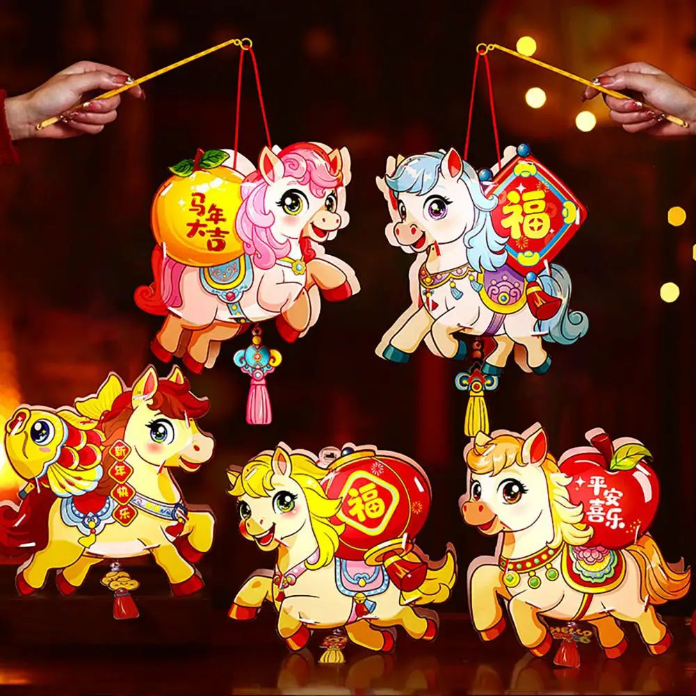 Cartoon Horse DIY Lantern Kit New Year Handhled Lucky Lantern for Hanfu Cosplay Photo Props Spring Festival Traditional Lanterns