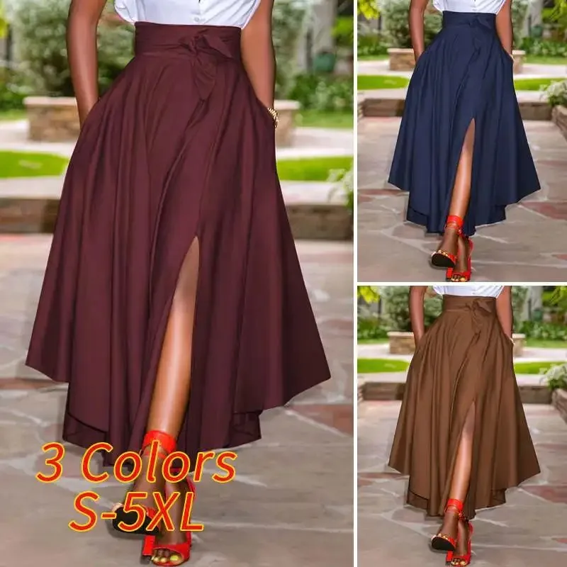 

Лето 2022, женский вечерний сарафан с разрезом, стильные нерегулярные юбки, макси-платья с высокой талией, однотонный халат, праздничная юбка с рюшами