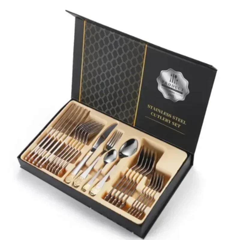 24Pcs Gold Cutlery Specular Light Stainless Steel Steak Knife Fork Spoon Teaspoon Upscale Restaurant Cutlery Set With Gift Box