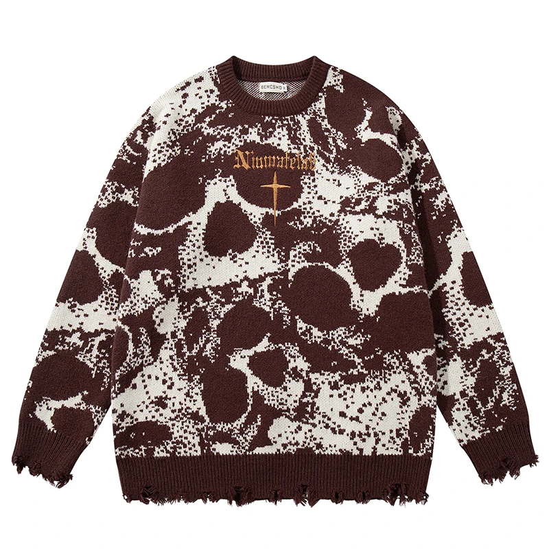 

Vintage Distressed Knit Sweater Men Women Oversized Pullover Punk Gothic Skull Pattern Grunge Streetwear Crewneck Winter Tops