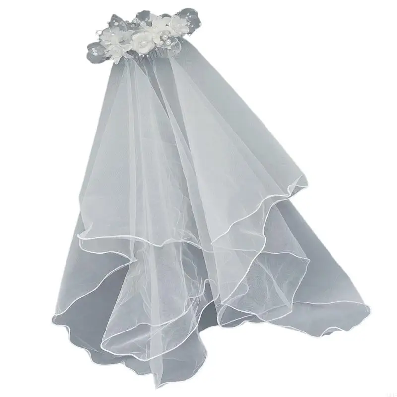 23GE Zarter Hochzeitsschleier, elegantes Hochzeitszubehör, doppellagiger kurzer Schleier mit künstlichen Perlendetails und Kamm