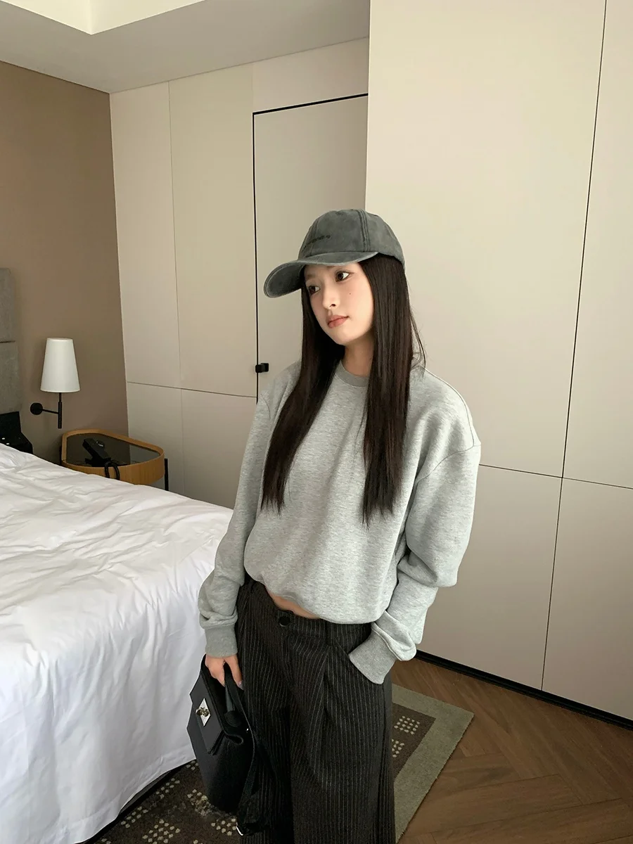 

Loose Fit round Ne Hoodie Women's Lazy Sle Basic irt Inner Wear ey Color Full Sve Long Length Single Piece Spring ...