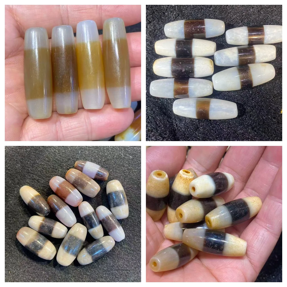 

High cost-performance imitation pure jade matte weathered milky white head wide line medicine master Dzi bead yellow coffee line