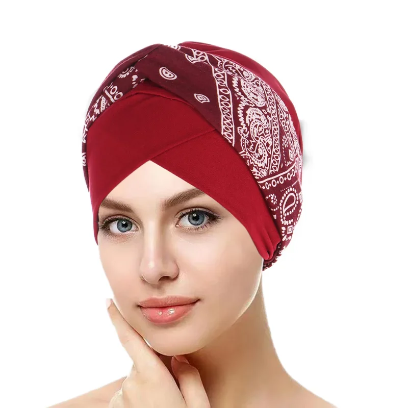 KepaHoo Bohemian Handmade Print Turban Cross Bandana Headscarf for Women Muslim Hijab Islamic Head Wrap Hair Loss Chemo Cap