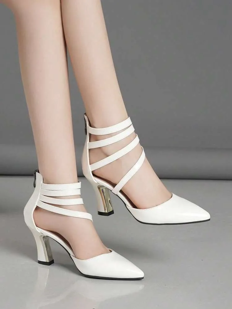 Pointed Toe Block Heel Pumps Women Multi-Strap Ankle Wrap Back Zipper Party Sandals