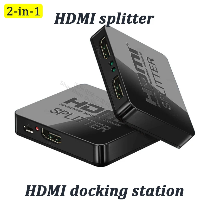 HDMI docking station with one in and two out HDMI split screen 4K 30HZ display with Micro USB power supply for laptops TVs game