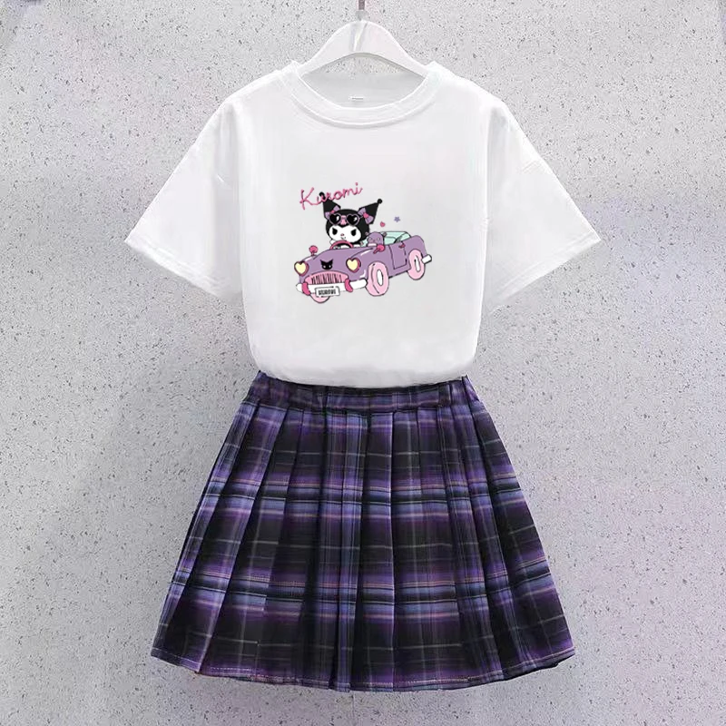 

Kawaii Miniso Kuromi Kids Jk Uniform Set Girls Summer College Style Cotton Short Sleeve T-Shirt Pleated Skirt Two-Piece Set Gift