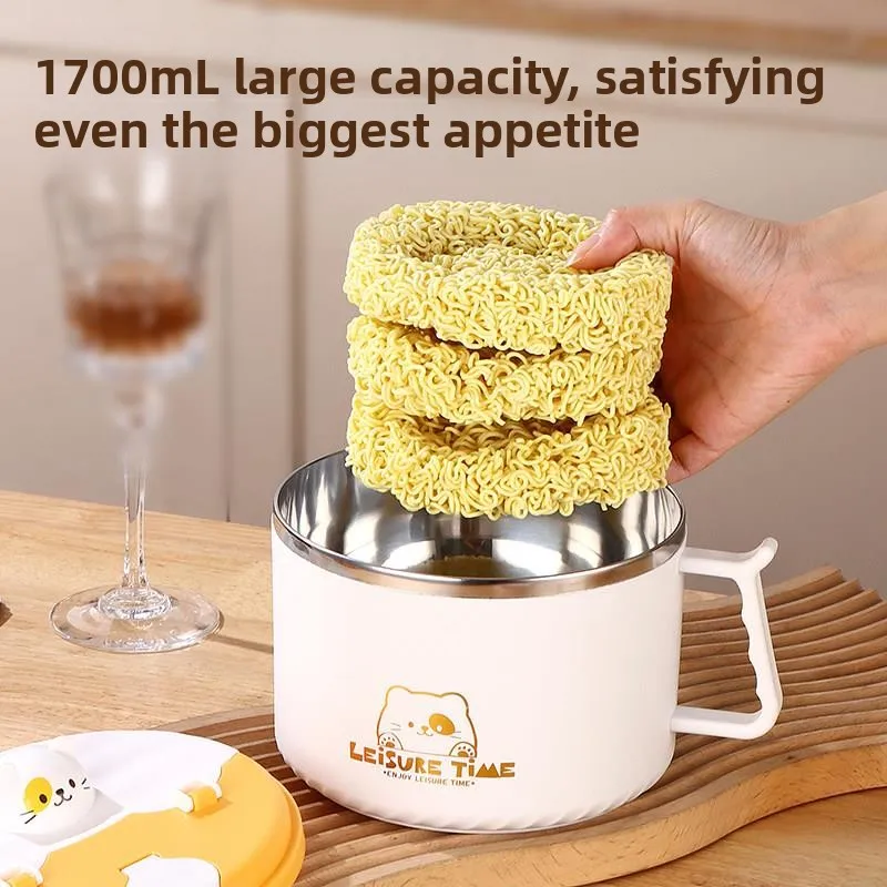 Large Capacity Stainless Steel Soup Bowl with Lid Draining Student Dormitory Rice Box Cute Cartoon Style Thermal Performance