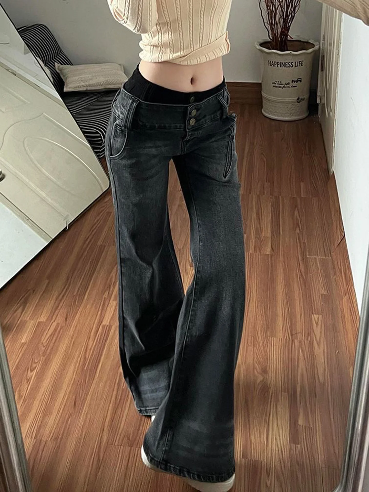 Retro American Design Spliced Washed Denim Pants Women's Autumn New Style Slimming Straight Leg Micro Flared Jeans