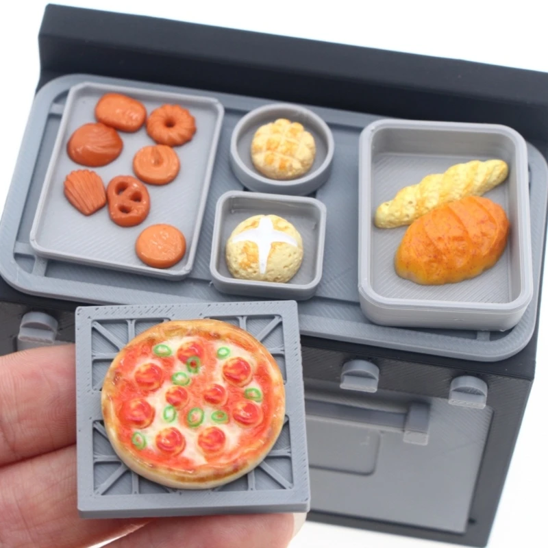 Miniature Kitchen Oven Set with Open Door, Baking Pans, Miniatures and Oven Gloves for Bakery Display Layouts, Pretend A2UB