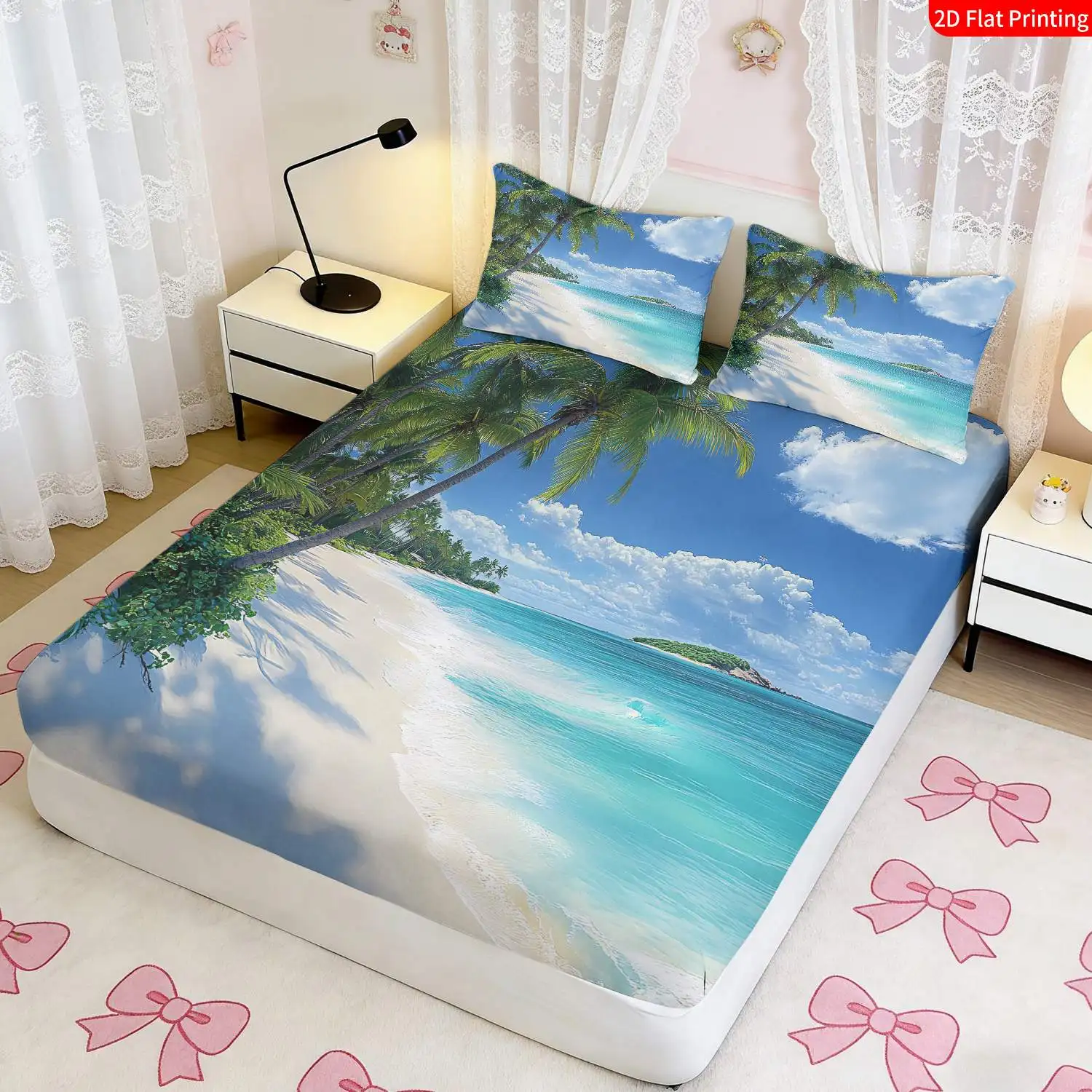 3-Piece Mattress Protector Set, Tropical Beach Bedding, Suitable for Summer Vacation - Turquoise White Palm Tree and Sea Wave Print Fitted Sheet and Pillowcase, Mattress Protector, Stain-Resistant, Mattress Cover, Suitable for All Seasons, Machine Washable, Easy to Care For, Suitable for Home Bedroom, Essential for Dormitories and Rentals, Master Bedroom Decoration, Dust-Proof and Stain-Resistant, High Elasticity, Fits Various Sizes