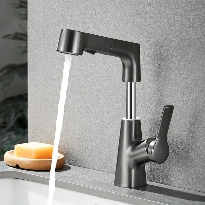 Pull Out Lift Kitchen Faucet 360° Rotatable Bathroom Basin Faucet Stainless Steel Kitchen Sink Faucet with Pull Out Sprayer