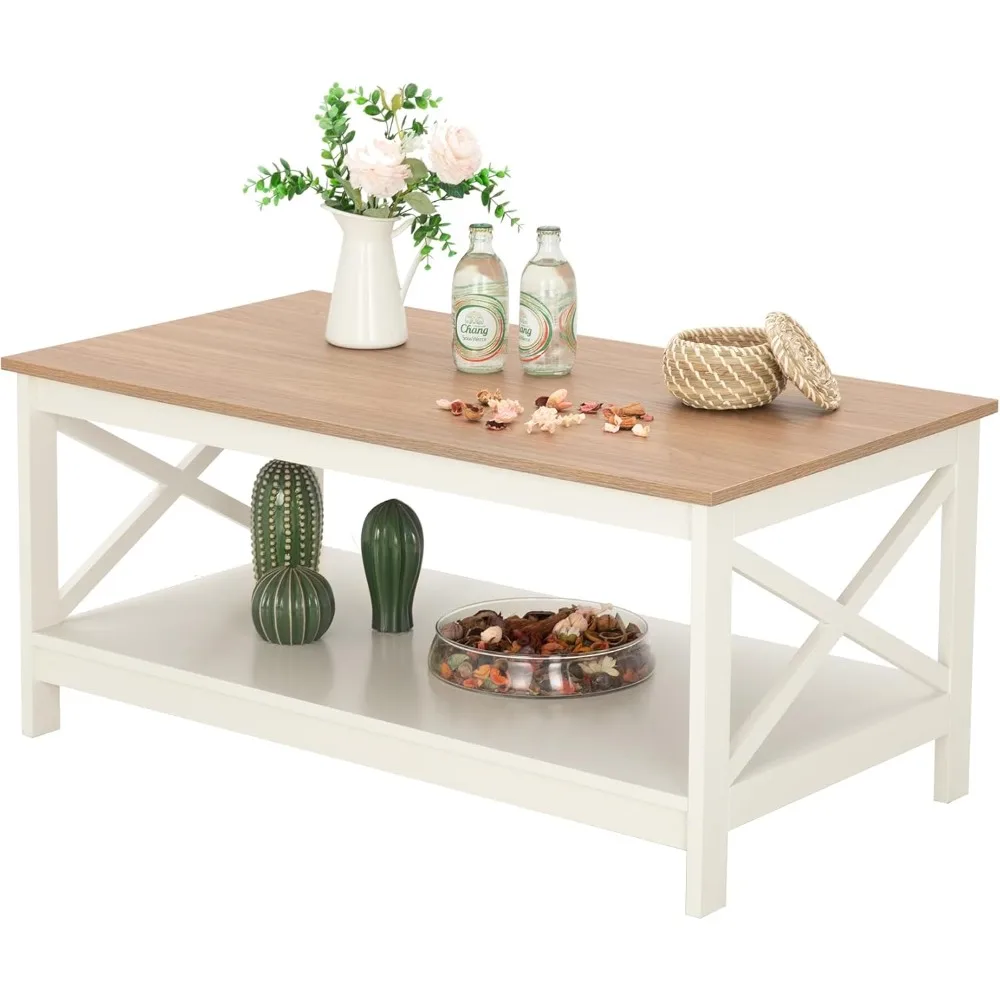 

Coffee Tables for Living Room, Simple Wooden Stable Coffee Table with Shelf,Open Storage Space with Large Capacity Coffee Table