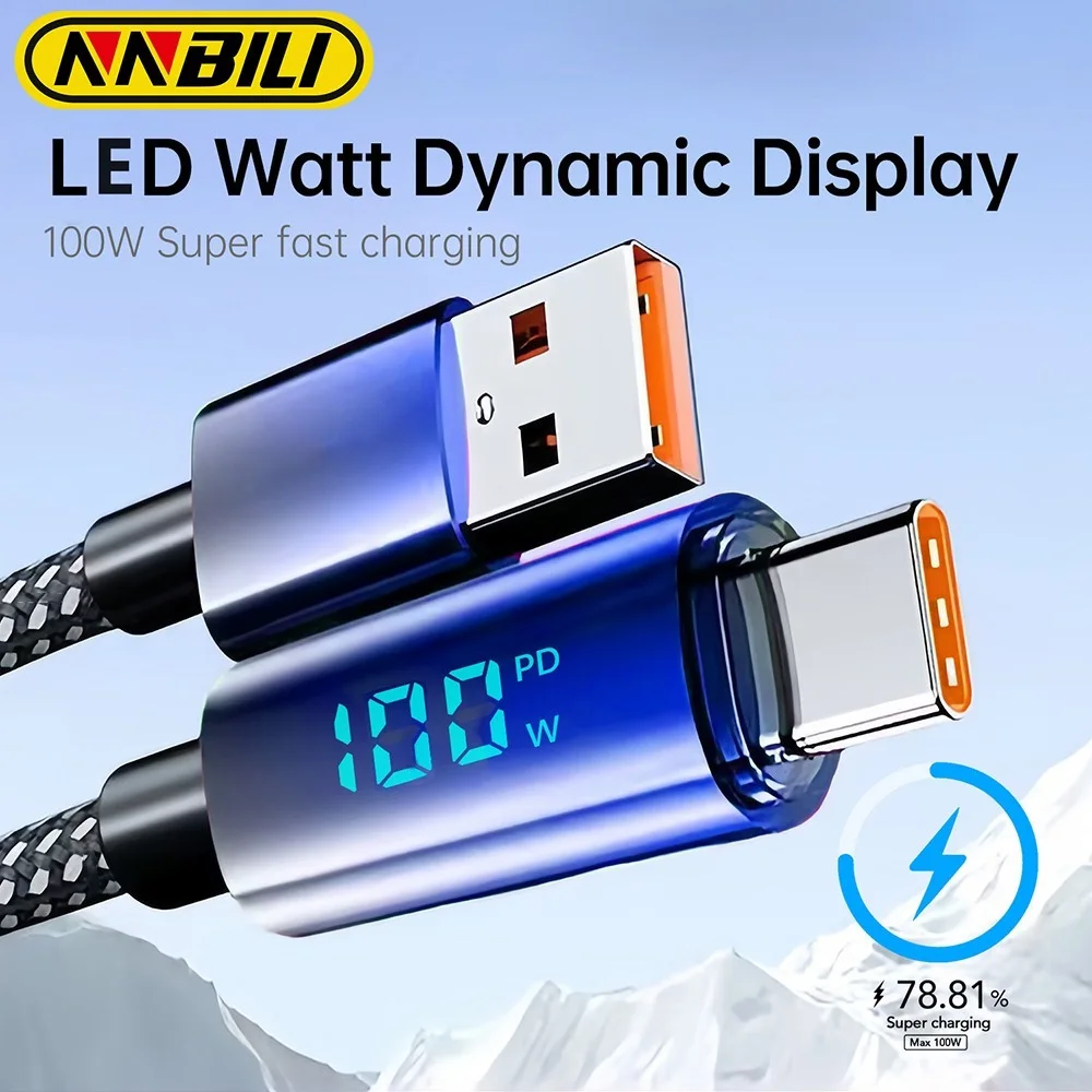 NNBILI 100W USB Type C Super Charging Cable LED Watt Digital Display Nylon Data Sync for iPhone 15 16 Samsung Xiaomi POCO vivo