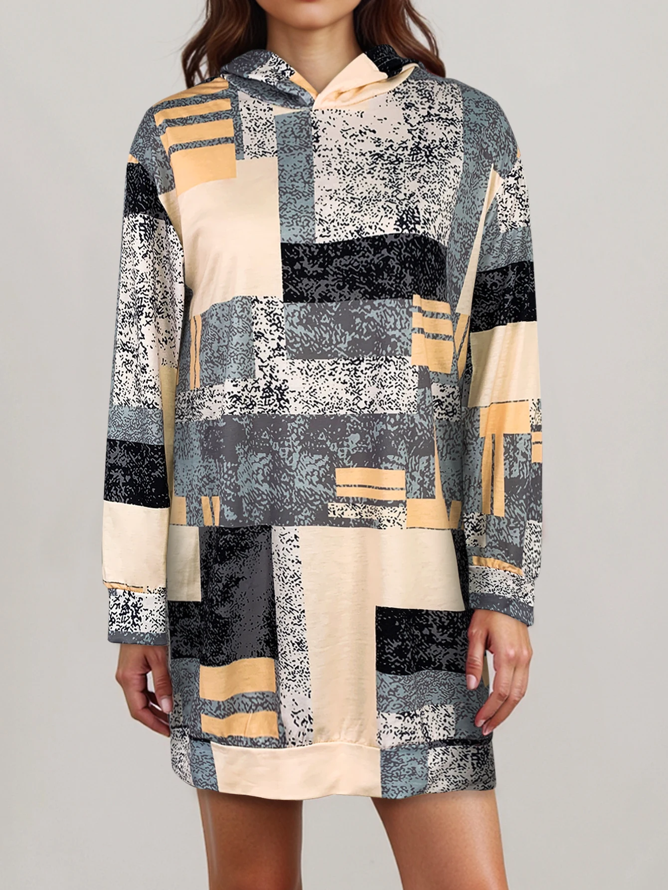 Women Hooded Sweatshirt Dress Abstract Color Block Geometric Print Long Sleeve Loose Mini Hoodie Dress Casual Autumn Daily Dress