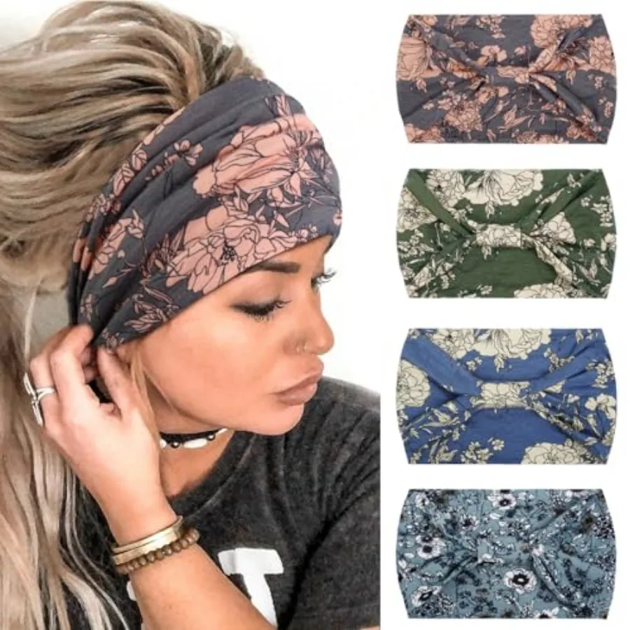

4 Packs Wide Headbands for Women Knotted Non Slip Trendy Head Bands for Women's Hair Large African Bandana Fashion Boho Hairban