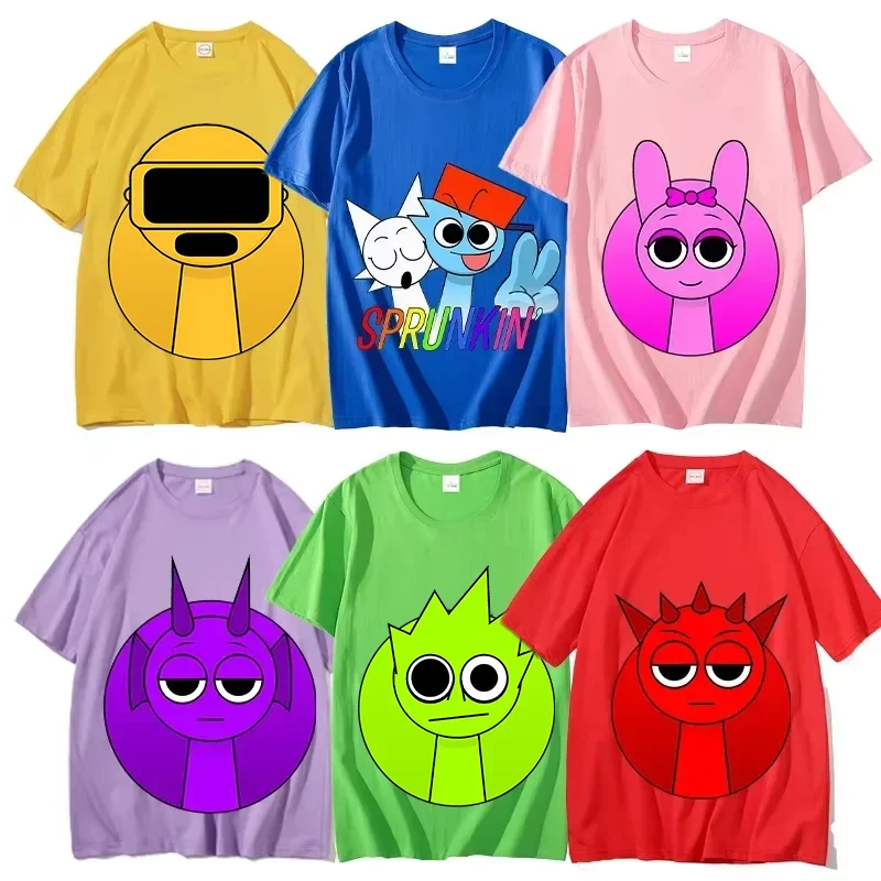 Sprunki Summer T-Shirt Printing Anime Figure Colore Tee New Cute Cartoon Girls Boys Tops Women Men Clothing Adult Family Clothes