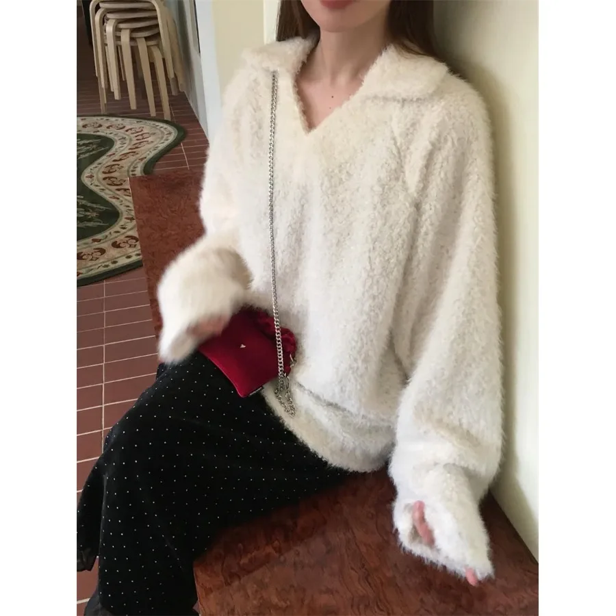 

Korean Sle Loose Fit Mid-Length Knitted Sweater Fluffy Furry Lap Collar Versatile Age-Defng Knitwear for Women