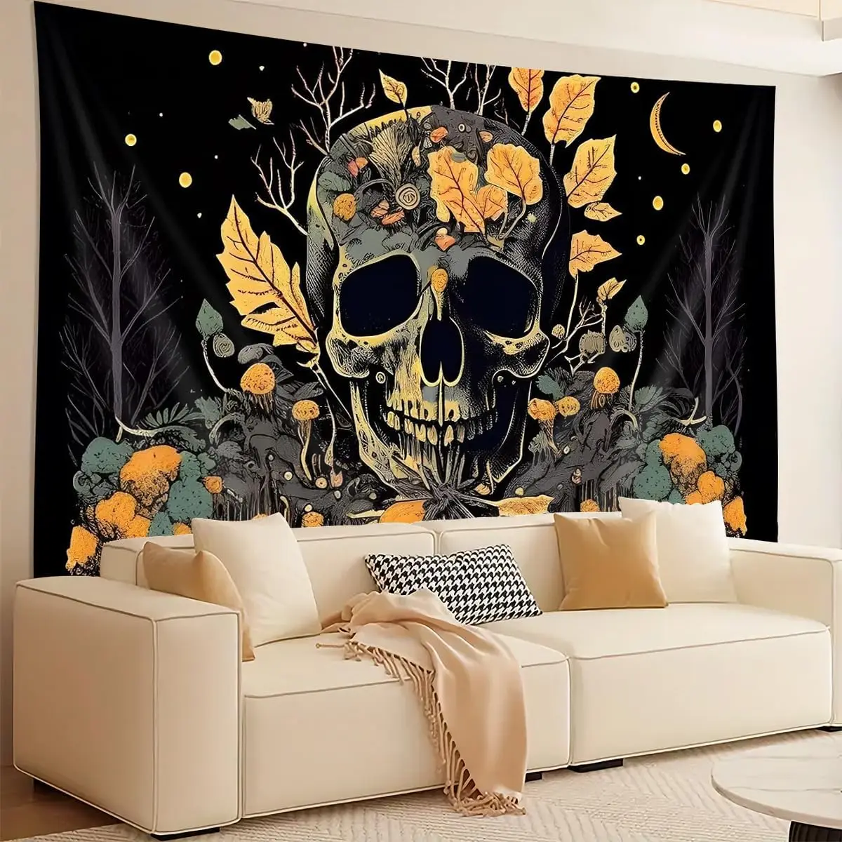 Skull Moon Night Tapestry, Forest Leaves Skeleton Gothic Aesthetic Wall Hanging Plants for Bedroom Game Room College