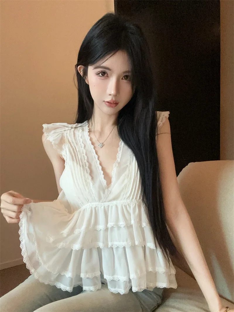 Elegant V-neck Chiffon Top Women's Fashionable Slimming Backless Gown Bell Sleeve Commute Style Regular Length Pure Color