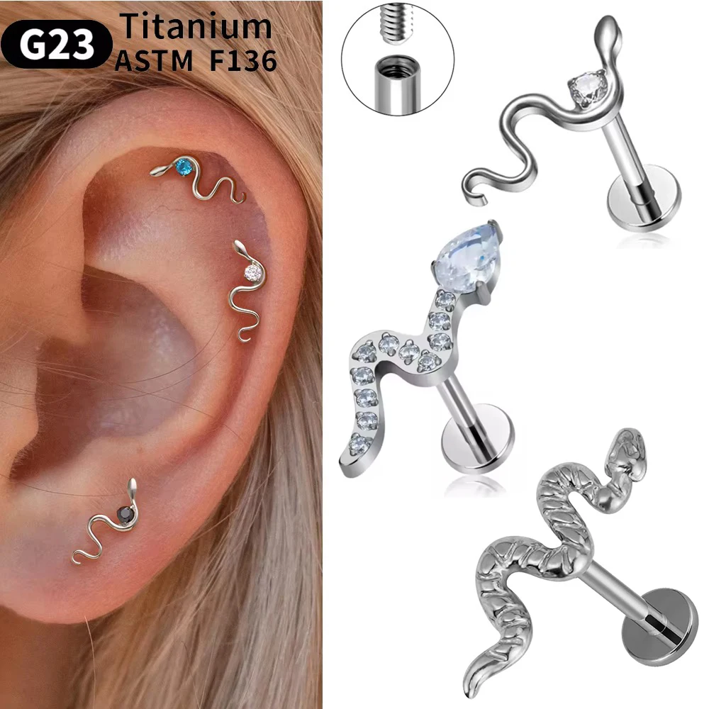 ASTM F136 Internal Thread Nose Stud Labret Nail Lip Snake Stud Earring For Women G23 Titanium Piercing Body Jewelry 16G