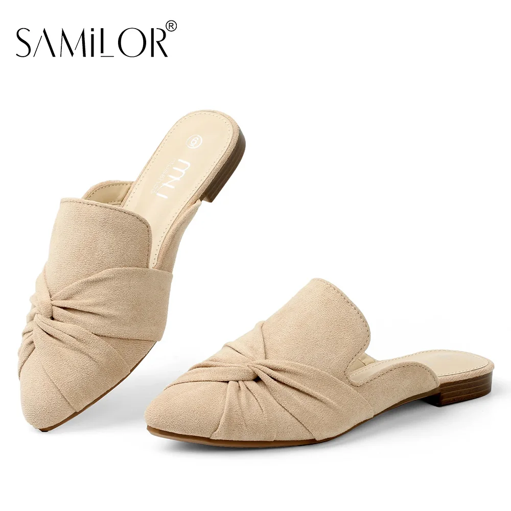 Samilor Women Slingbacks Flat Heel Shoes Solid Color Flock Leather Woman Flats Pointed Toe Bowknot Mules Shoes Summer Slippers