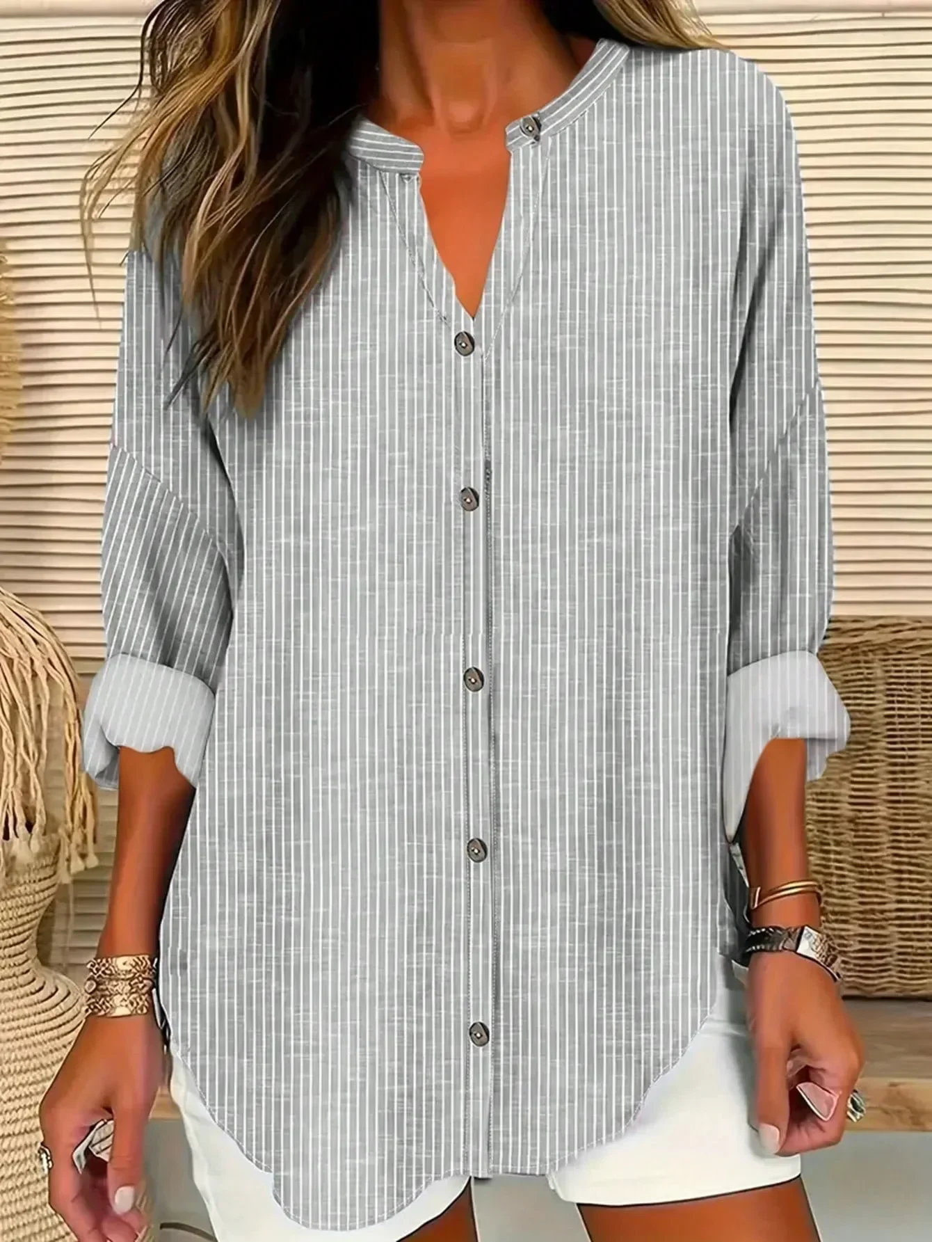 

Women‘s Plus Size 1XL-XL Women Casual Long Sleeve Striped Buckle Loose Blouse Ladies Fashion Loose Striped Shirt