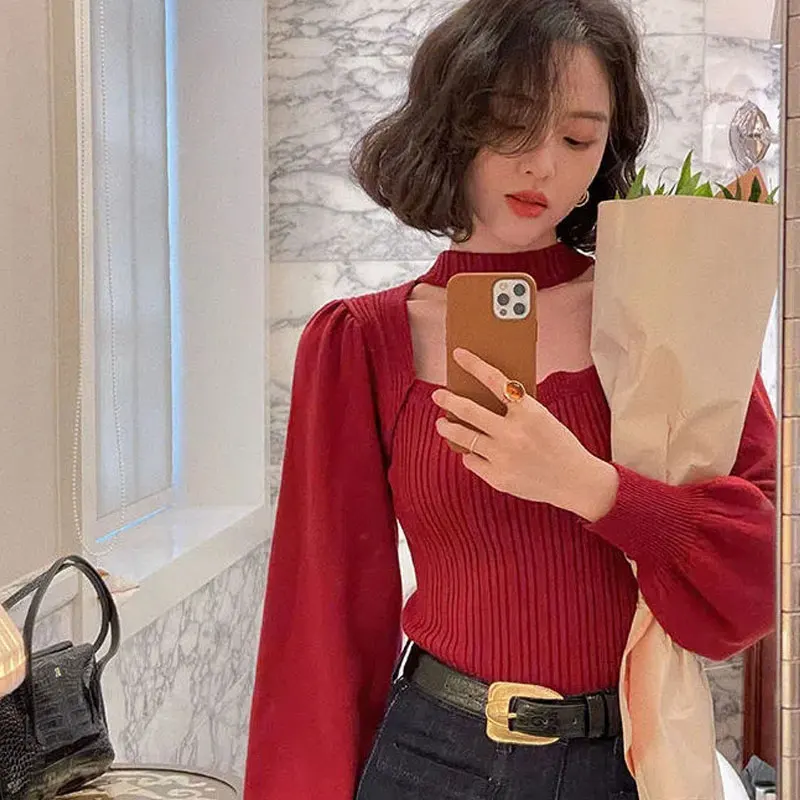 Retro Pullovers Women Halter Inside Female Sweater Elegant Sexy Slim Korean Streetwear Trendy Leisure Soft Stretchy Top Chic Red