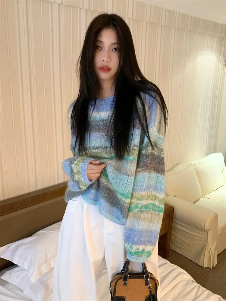 

Pullovers Women Sweet Schoolgirl Autumn Tie-dye Trendy Holiday Preppy Style Harajuku Ins Knitting Soft Female Sweater All-match