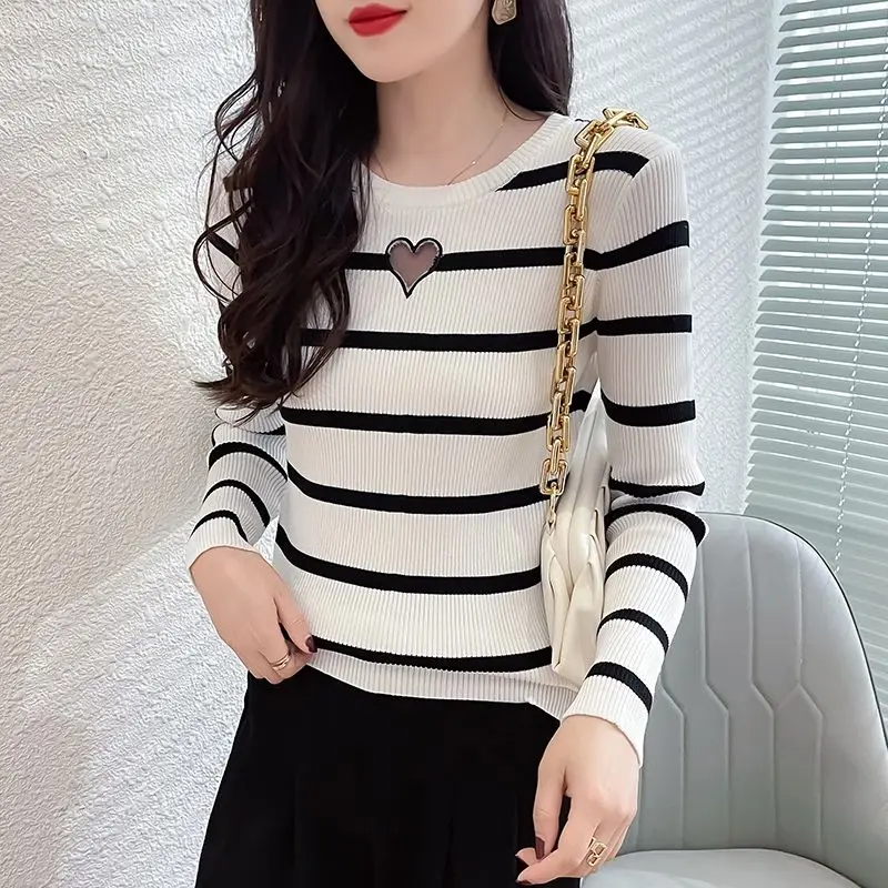 Women\'s Clothing Round Neck Sweet Pullover Long Sleeve Striped Contrast Color Sweater Knitted Spring Autumn Screw Thread Tops