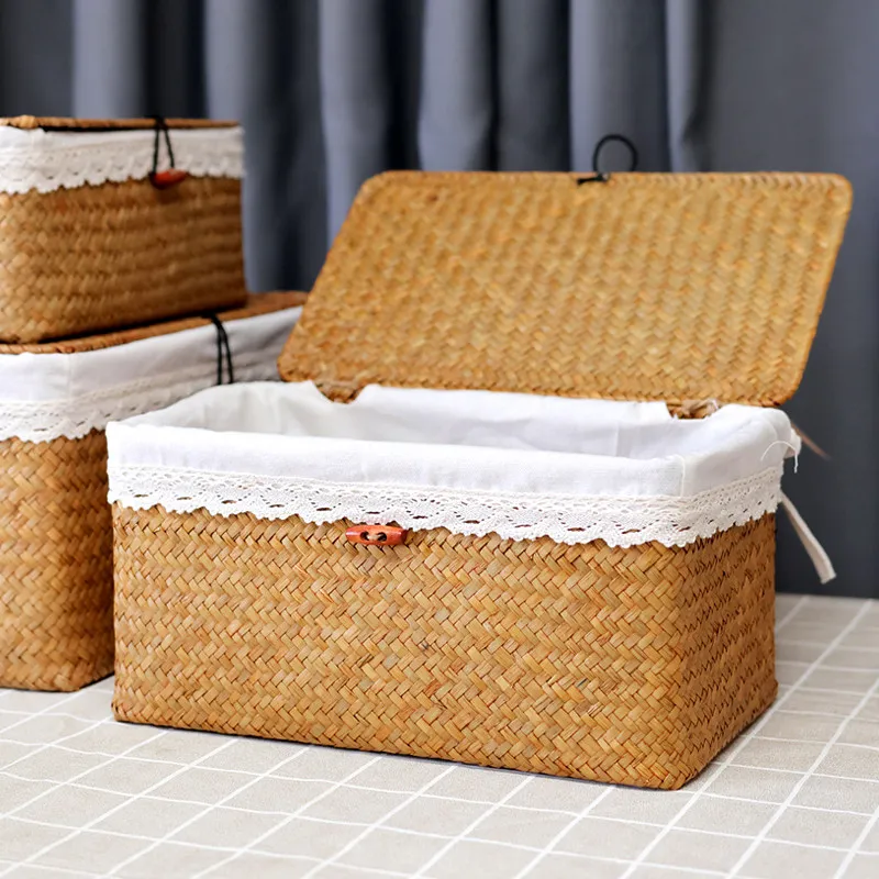 Premium Sturdy Handwoven Seagrass & Bamboo Storage Baskets with Lids, Vintage Wicker Boxes for Home Organizing, Natural Decor