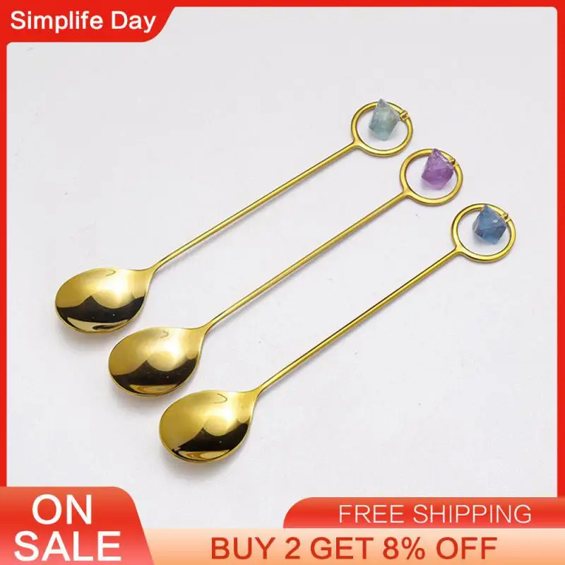 Crystal Spoon Octahedron Natural Blue Fluorite Fork Tableware Dessert Spoon Water Droplet Type Coffee Spoon Spoon Fork Stone